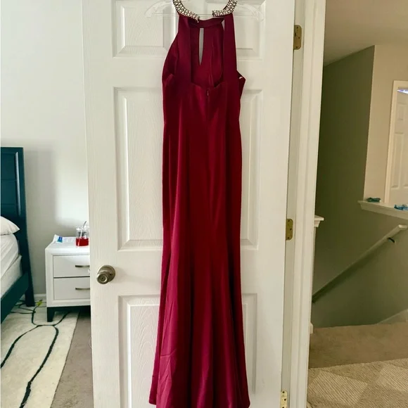 Dancing Queen Burgundy Maxi Dress with Embellished Neckline - Picture 2 of 6